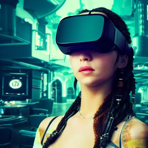 Image similar to a high quality portrait of a beautiful stunning pirate in a cyberpunk cyberpunk cyberpunk cafe wearing a VR visor realism 8k award winning photo