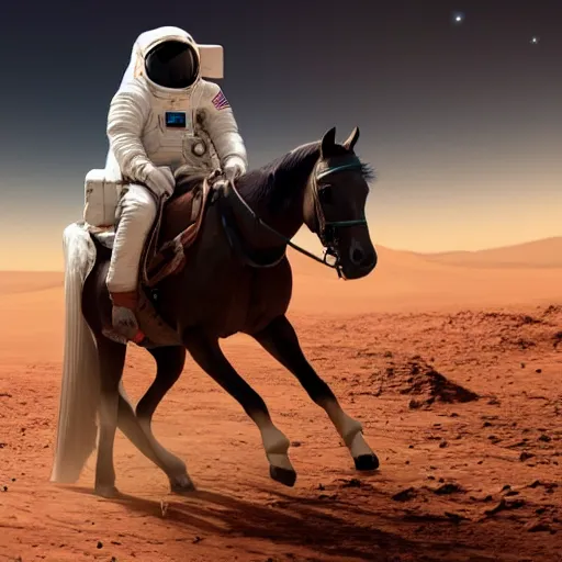 Image similar to A astronaut riding a horse on Mars, photorealistic, 4K