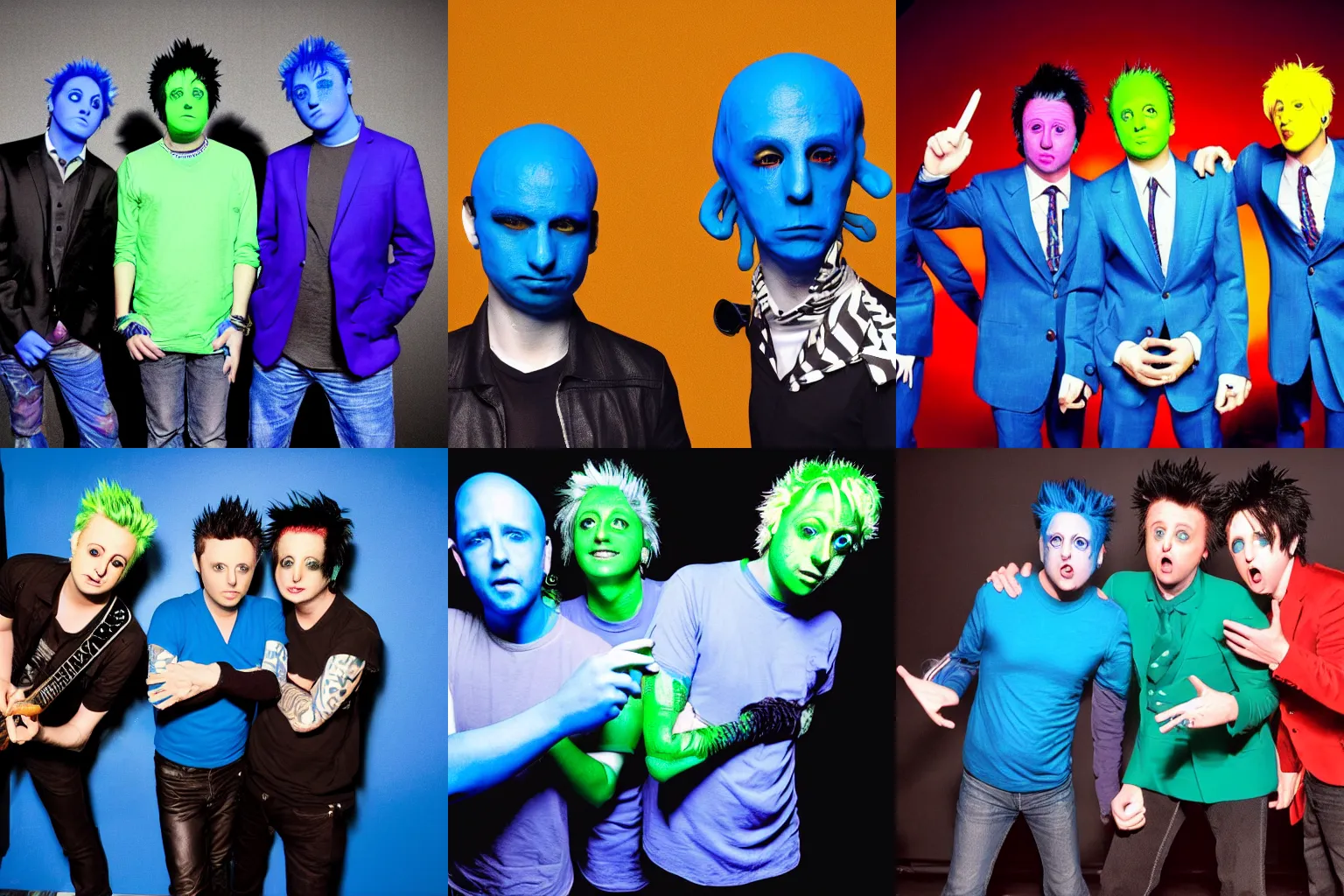 Prompt: Green Day but they are in Blue Man Group