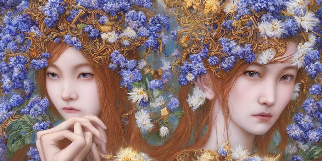 Image similar to breathtaking detailed concept art painting of the goddesses of cornflower flowers, orthodox saint, with anxious, piercing eyes, ornate background, amalgamation of leaves and flowers, by Hsiao-Ron Cheng, James jean, Miho Hirano, Hayao Miyazaki, extremely moody lighting, 8K