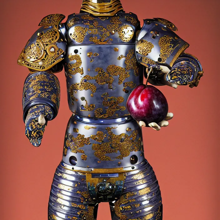 Prompt: ceramic cyborg, armor with Kakiemon design with plums and stylized flowers in glaze and gilding Edo period 1670–1690, diffuse lighting, fantasy, intricate, elegant, highly detailed, lifelike, photorealistic, digital painting, artstation, illustration, concept art, smooth, sharp focus, art by John Collier and Albert Aublet and Krenz Cushart and Artem Demura and Alphonse Mucha