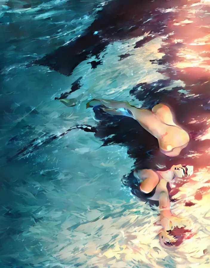 Image similar to a woman swimming underwater in a black bikini, matte, art by ilya kuvshinov and kyoto animation and ruan jia and ross tran, studio quality, aniplex,