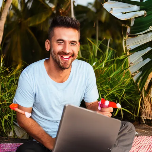 Prompt: man smiles to youtuber while sucking lolipop. sitting on carpet. sunset. window to ocean. palm coconuts. laptop.