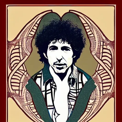 Prompt: art nouveau portrait of bob dylan by paul rand