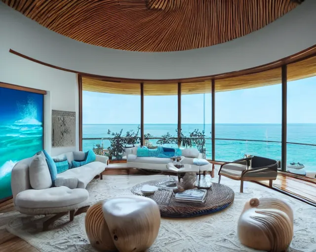 Image similar to A modern living room in a ocean hues style next to a big terrace overlooking the ocean, a luxurious wooden coffee table with large seashells on top in the center, amazing detail, 8k resolution, inspired by the ocean, calm, relaxed style, harmony, wide angle shot