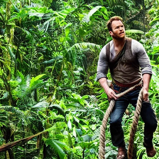 Image similar to Chris Pratt playing India Jones, crossing a rope bridge across a huge chasm in the jungle, machete in hand