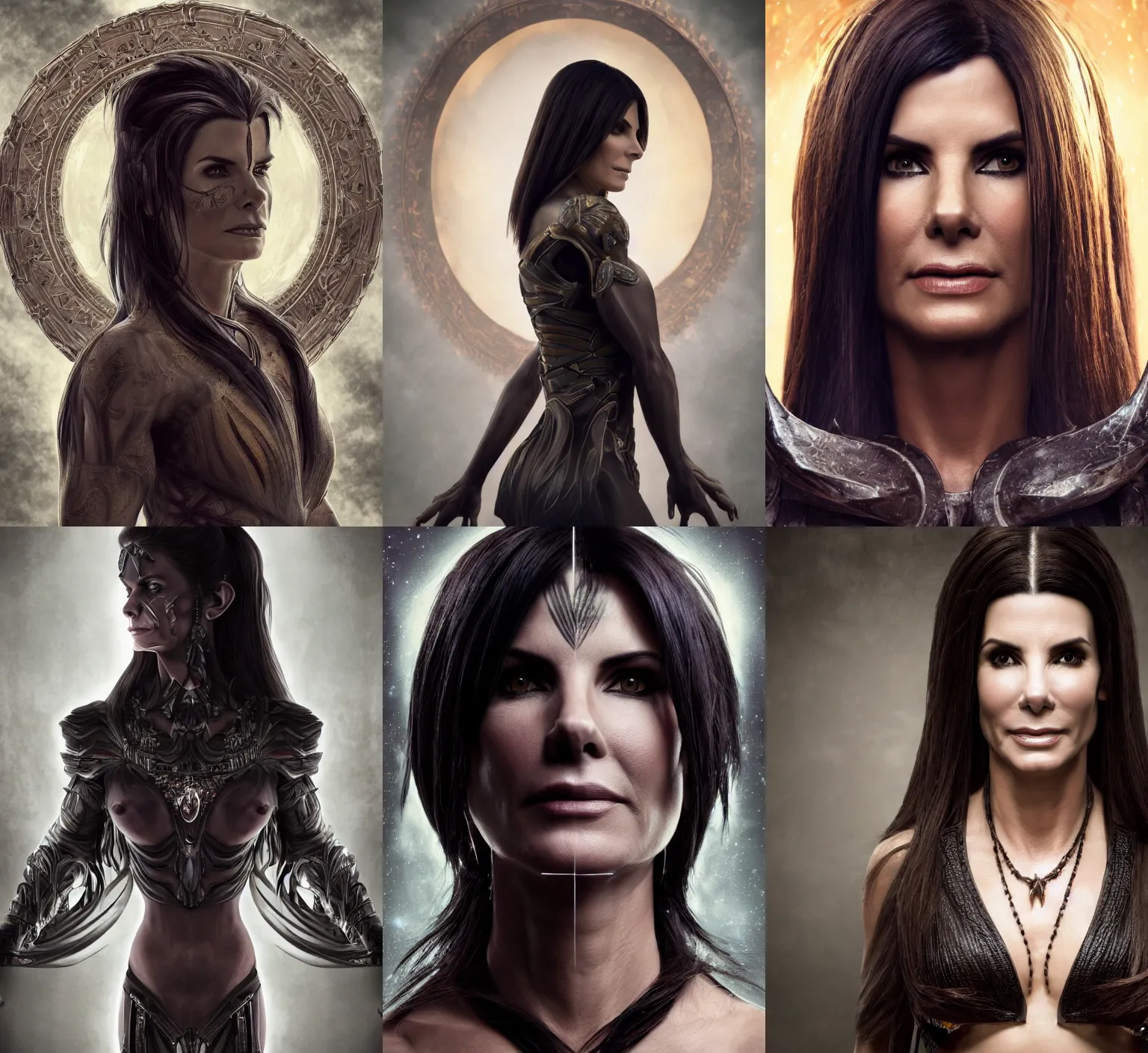 Prompt: perfectly centered portrait of dark elf sandra bullock, 8k resolution, fantasy, symmetry, awe, masterpiece