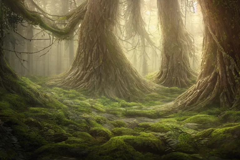 Image similar to magical forest forest, ghibli studio, cellshaded, nausicaa anime style hyper realistic, mossy tangled trees, ambient lighting, concept art, intricate, hyper detailed, smooth, dynamic volumetric lighting, octane, raytrace, cinematic, high quality, high resolution, 4 k, cgsociety, rutkowski, gurney