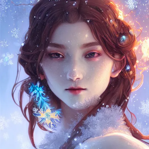 Image similar to beautiful ancient frost witch, fire in eye, snow glow, pool party, highly detailed, digital painting, artstation, sharp focus, illustration, art by tan zi and ayanamikodon and alphonse mucha and wlop