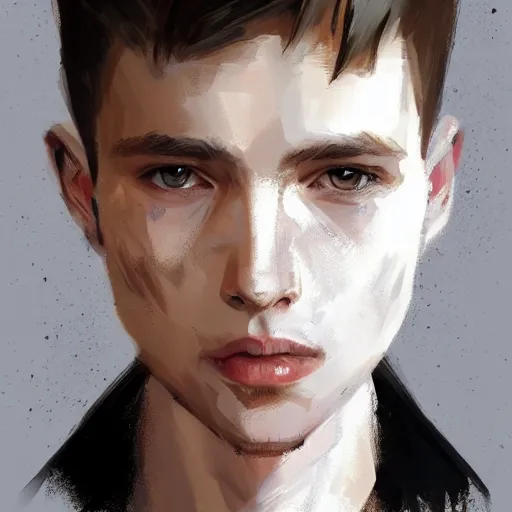 Image similar to Portrait of a man by Greg Rutkowski, he is about 20 years old, west slav features, short blonde hair with bangs, attractive, smart looking, slim, somewhat androgenic, he is wearing a white and black utilitarian jumpsuit, highly detailed portrait, scifi, digital painting, artstation, concept art, smooth, sharp foccus ilustration, Artstation HQ