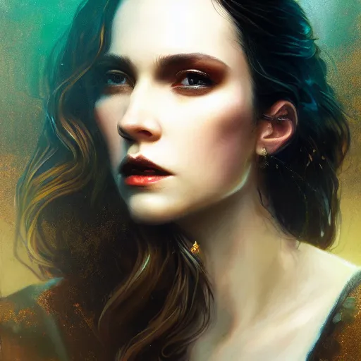 Image similar to majestic gracious regal aristocratic female brunette vampire portrait, atmospheric lighting, painted, menacing, intricate, volumetric lighting, beautiful, rich deep colours masterpiece, golden hour, sharp focus, ultra detailed, by leesha hannigan, ross tran, thierry doizon, kai carpenter, ignacio fernandez rios