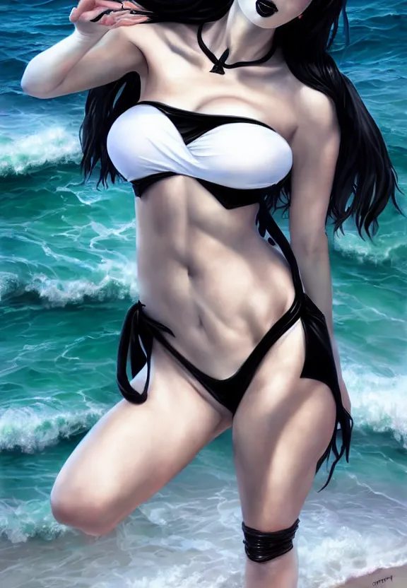 Image similar to full body portrait with wide lens of beautiful goth girl cosplay with black hair in white bikini and black strong makeup and fully body tattooed and clothes fully on, sea background, art by ( ( stanley artgerm lau ) ) and ( wlop ) and magali villeneuve
