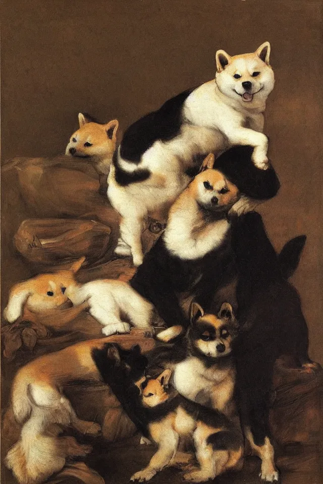 Prompt: mochi shiba inu, art style of eugene delacroix rembrandt, francisco goya, caspar david friedrich, artistic