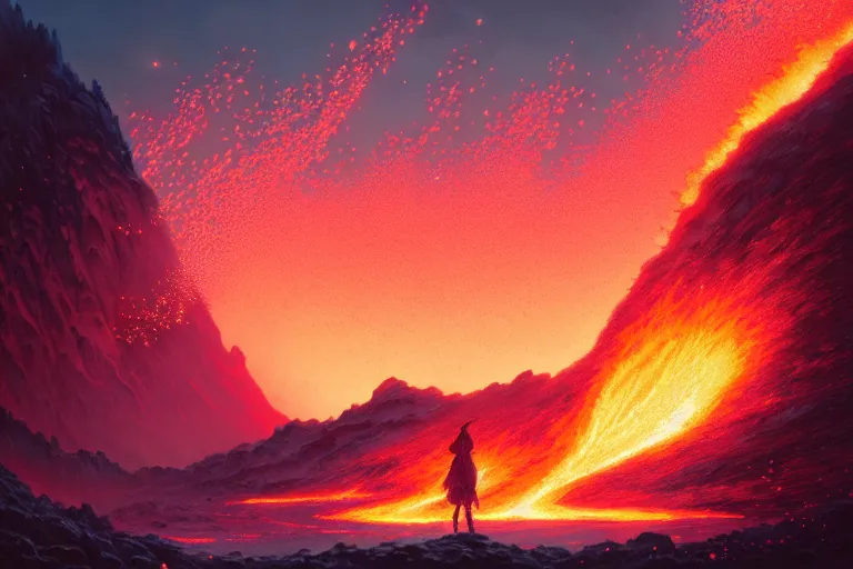 Image similar to lava, volcano eruption, cherry blossoms, unreal engine, fantasy art by greg rutkowski, loish, rhads, ferdinand knab, makoto shinkai and lois van baarle, ilya kuvshinov, rossdraws, tom bagshaw, global illumination, radiant light, detailed and intricate environment