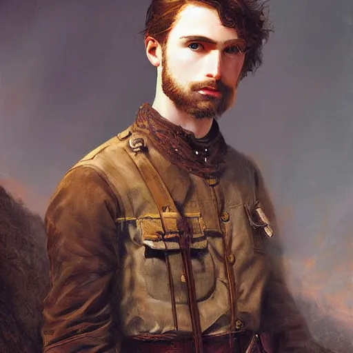 Prompt: portrait of a young ranger, fantasy, rugged, handsome, digital painting, by Charles Sillem Lidderdale