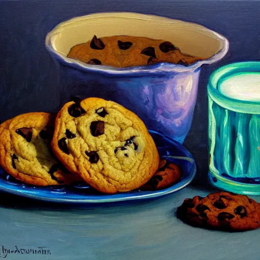 Prompt: a painting of plate of chocolate chip cookies and a glass of milk, a still life by juliette wytsman, featured on deviantart, american impressionism, rich color palette, neo - fauvism, acrylic on canvas