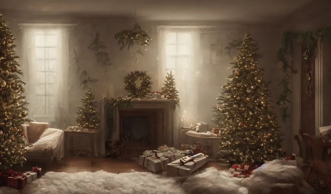 Prompt: a christmas eve photorealistic landscape painting on the wall, ascher clemens, home, interior, octane render, deviantart, greg rutkowski, cinematic, key art, hyperrealism, canon eos c 3 0 0, ƒ 1. 8, 3 5 mm, 8 k, medium - format print