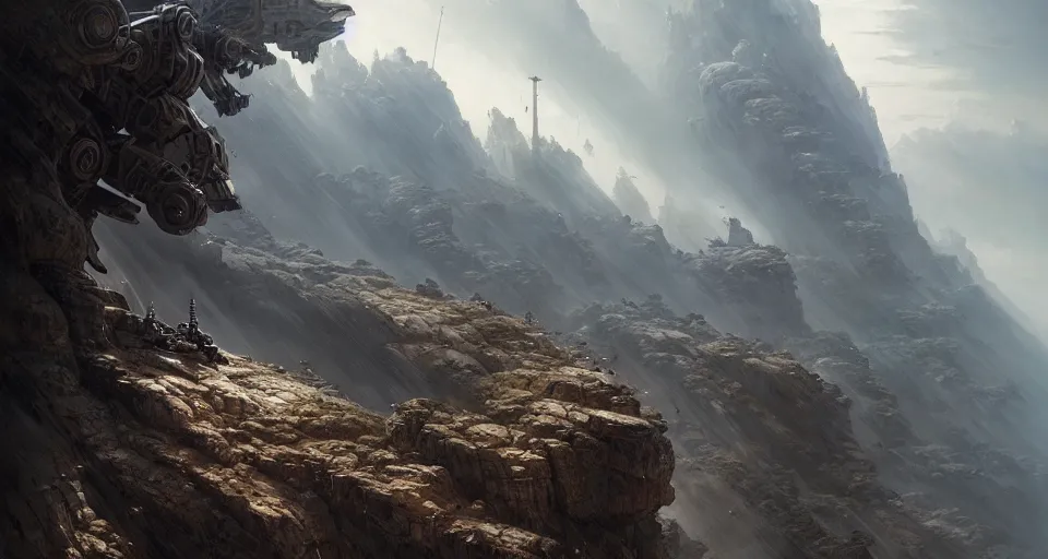 Image similar to hyper realistic sci - fi matte concept art painting of mecha on a cliff overlooking a raging battle, beautiful details, strong composition painted by kim jung guweta studio rutkowski, james gurney and greg rutkowski, and lucasfilm, smooth, intricate, detailed, sharp focus, cinematic