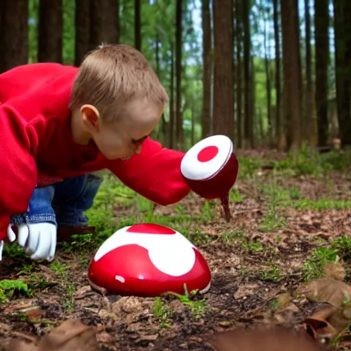 Prompt: real life photo of Super Mario sniffing a big red and white mushroom he just discovered in the woods, unable to hold back eating it with extreme glee, 4K photography