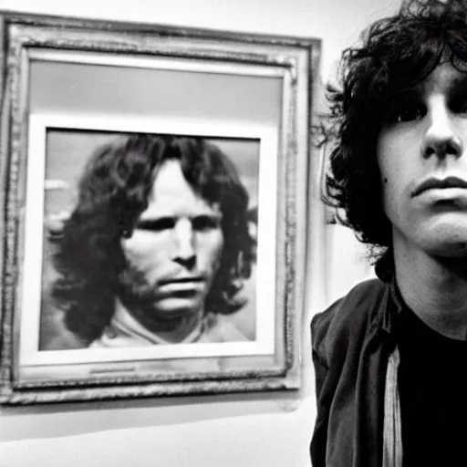 Image similar to photograph of a taxidermied jim morrison in a museum