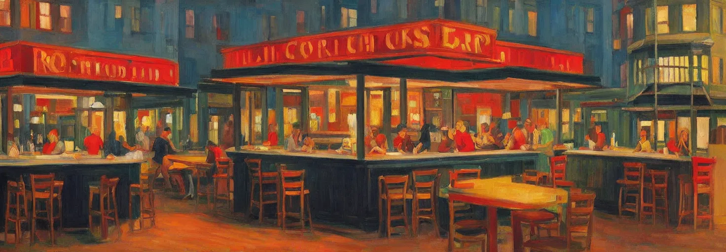 Image similar to a lively bar along the waterfront in the style of an edward hopper painting