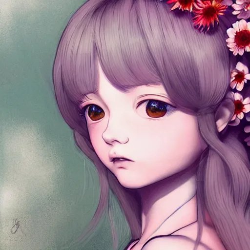 Image similar to little girl with flowers in hair wearing an white dress, art by ilya kuvshinov, profile picture, inspired in hirohiko araki, realistic, highly detailed, anime face