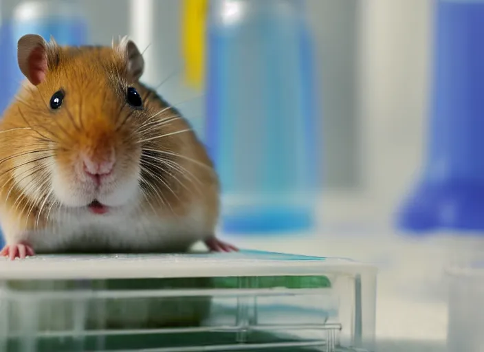 Image similar to film still of a hamster working in a research lab filling test tubes, 8 k