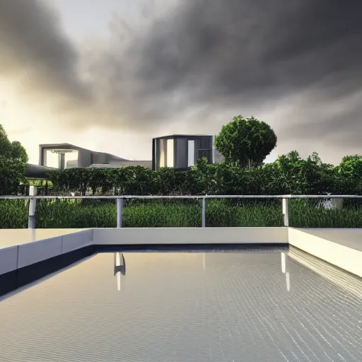 Prompt: a photorealistic 3 d render of modern architecture, two point perspective, global illumination hdri, deatiled sky, overcast, sunset, soft shadows, rain puddles with realistic reflections