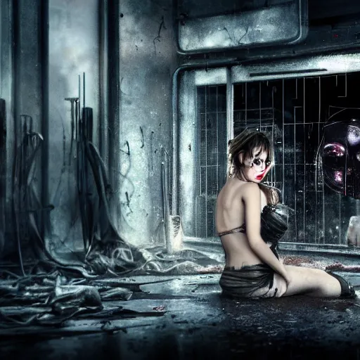 Image similar to Ana de Armas as a gorgeous feminine cyborg with white skin and glowing red eyes looking at herself in a mirror, a mirror in a derelict machine shop with wires and heavy machinery dripping with white liquid, feminine anatomy, sparks, post-apocalyptic, goth, metal, witchcraft, shadows, cinematic lighting, octane render, 8k, high detail