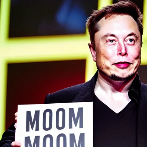 Image similar to a medium shot photograph of elon musk holding a sign with the word SOON SOON SOON SOON' on it, 4k, ultra HD