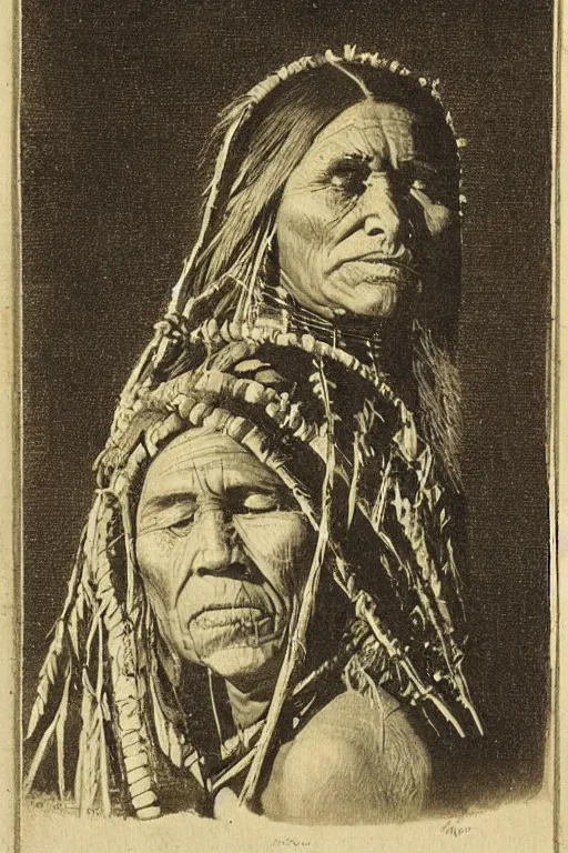 Image similar to “19th century wood engraving of a Native American indian woman, portrait, Nanye-hi Beloved Woman of the Cherokee, wearing a papoose showing pain and sadness on her face, ancient”