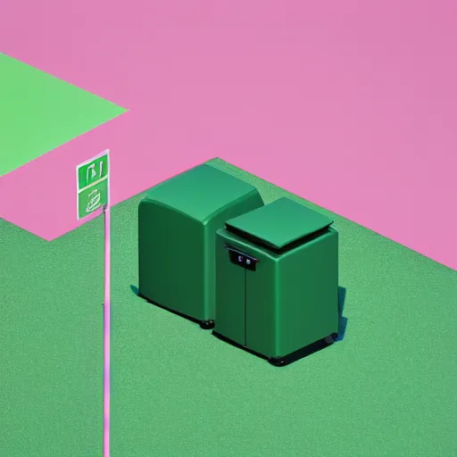 Image similar to isometric minimalistic precisionist backroom with pepe the frog and trashcans, cinema 4 d, 1 0 0 0 0 mm, green and pink color scheme depth of field, octane render, studio lighting