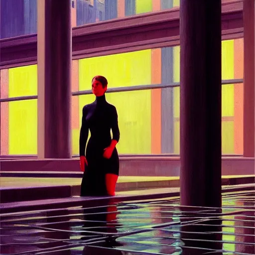 Prompt: action moment, beautiful woman portrait, courtyard, capital, cybermosque interior, control panel, watcher, omniscient, tech noir, wet reflections, impressionism, matte painting, speed painting, edward hopper, syd mead