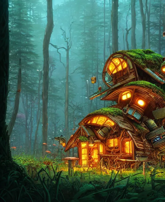 Image similar to a whimsical cabin made from robots, overgrown with huge exotic fungus, deep in the woods, by dan mumford, yusuke murata, makoto shinkai, ross tran, underwater, hellish, cinematic, unreal engine, cel shaded, featured on artstation, pixiv