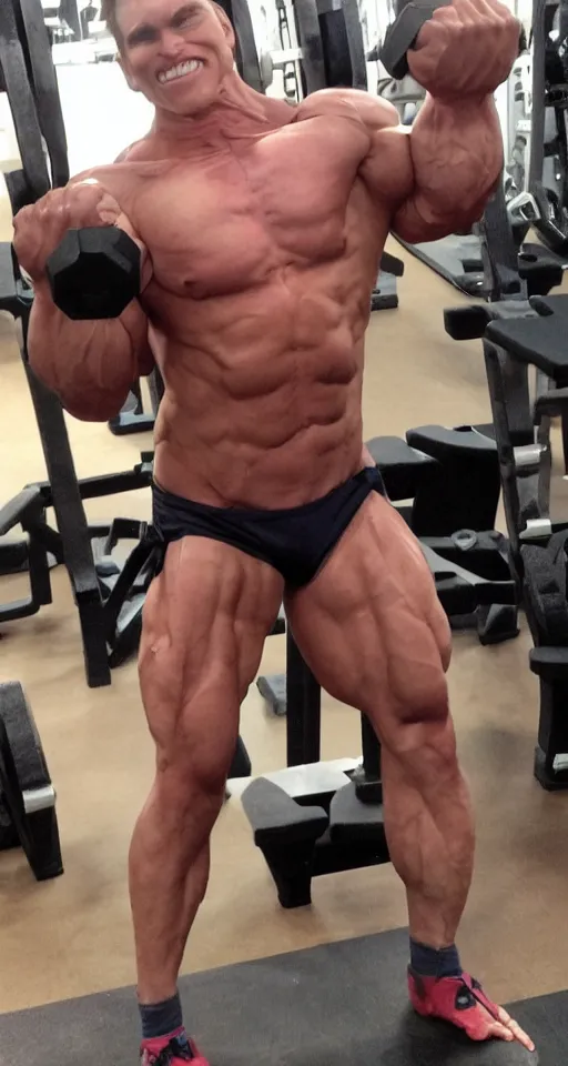 Prompt: real jerma face professional bodybuilder huge muscles strong expert photograph detailed