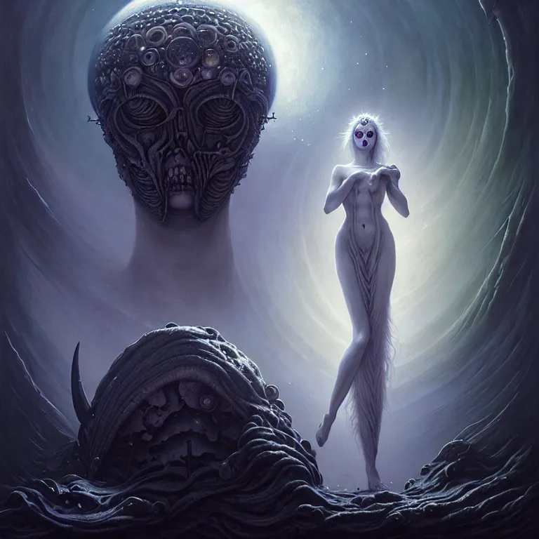 Prompt: skewed in the void, hr giger and cgsociety. one stunning luna goddess of personification of the moon by charlie bowater and tom bagshaw, insanely detailed, artstation, space art. sparkling flower fractules surrounded by skulls and robots deep under the sea, horror, fantasy, surrealist painting, by peter rohrabacher annatto finnstark