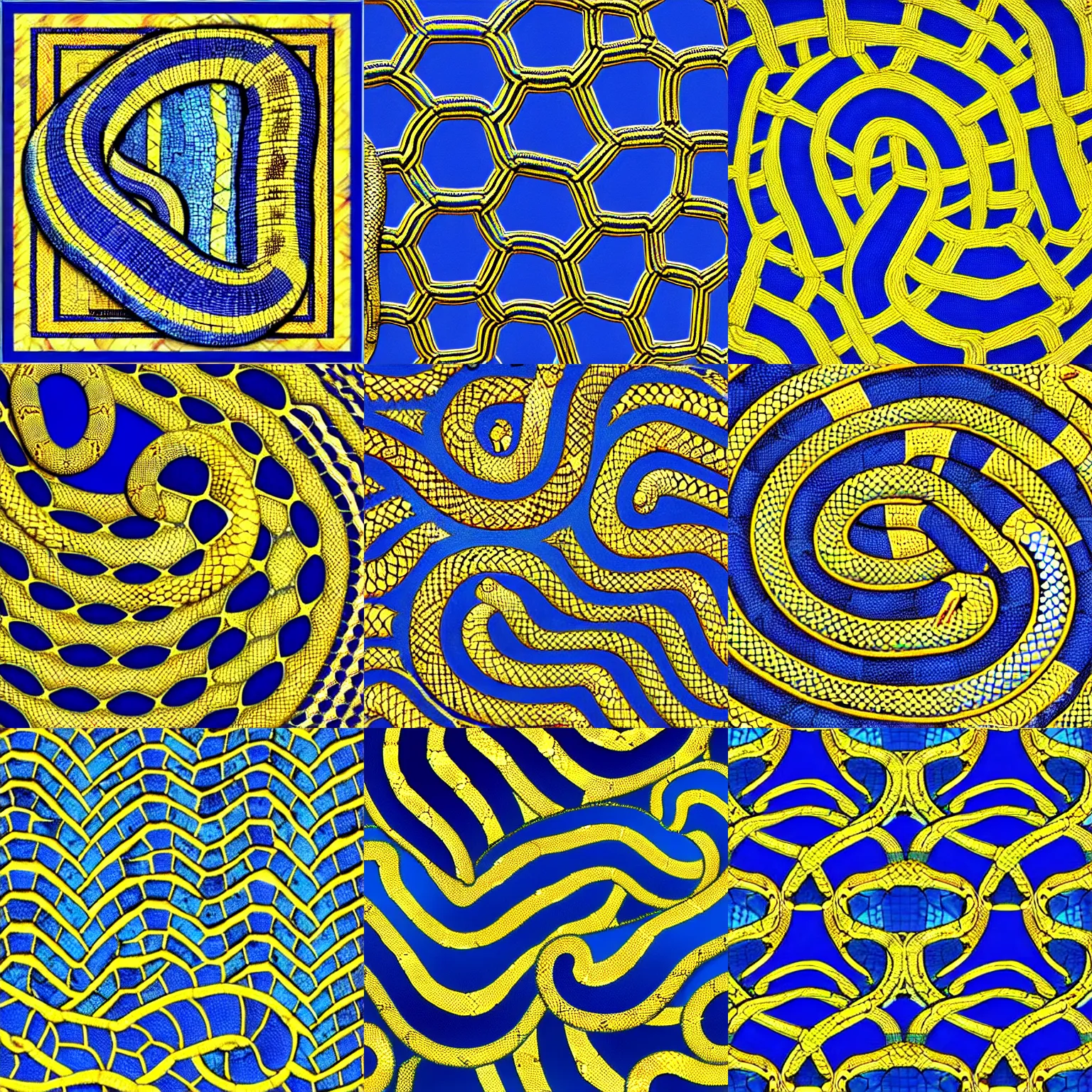 Prompt: blue and gold pythons interlocked, python, programming, symmetric,mosaic, Roman, classic, vibrant, intricate, contrast