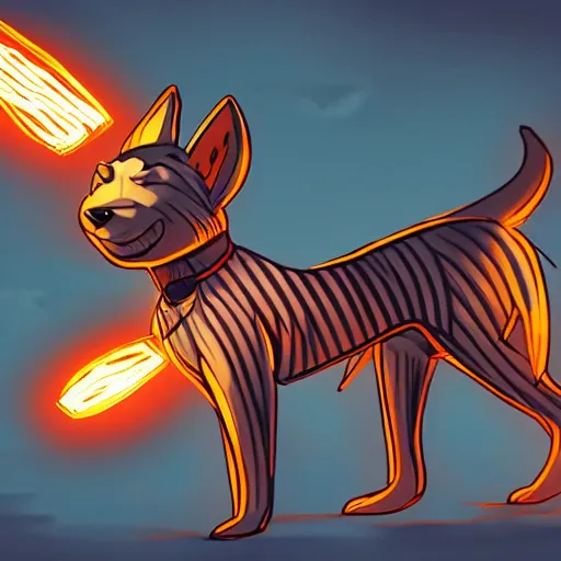 Image similar to furry anthro canine with stripes shooting electricity, hero pose, drawn, comic style, lens flare, magic effects, motion blur, chromatic aberration, detailed, 4 k