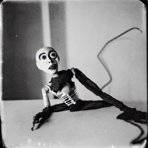 Image similar to female alive, creepy marionette puppet, horrific, unnerving, clockwork horror, pediophobia, lost photograph, dark, forgotten, final photo found before disaster, human laying unconscious in the background, polaroid,