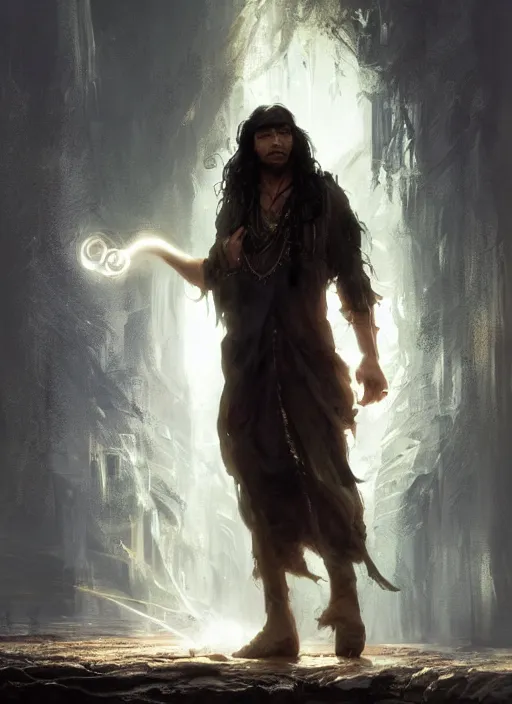 Image similar to side profile of a man with long black hair in brown rags holding a magical orb, fantasy, intricate, sharp focus, lens flare, bloom, illustration, highly detailed, digital painting, concept art, matte, art by ruan jia and wlop and greg rutkowski, masterpiece