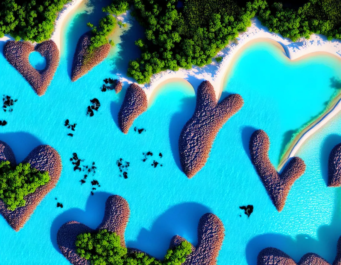 Image similar to closeup shot photo of ultra realistic blue lagoon with exotic tree heart / shaped sandy beach island, sunset lighting