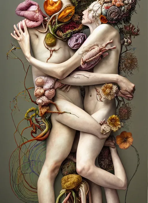 Prompt: a surreal biomorphic, botanical painting of two human figures entwined, extra limbs, draped in silk, highly detailed, compassionate embrace emotionally evoking, rendered in octane, centre image, by jenny saville and charlie immer, part by arcimboldo