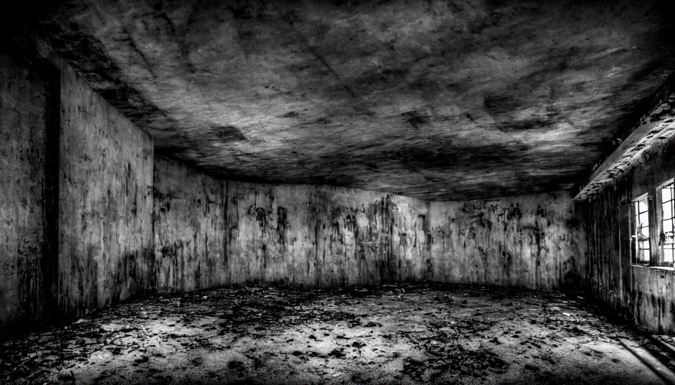 Image similar to haunted abandoned atomic nuclear bunker, dark, atmospheric, scary, claustrophobic, ambient vibe, very detailed, black and white, 4 k