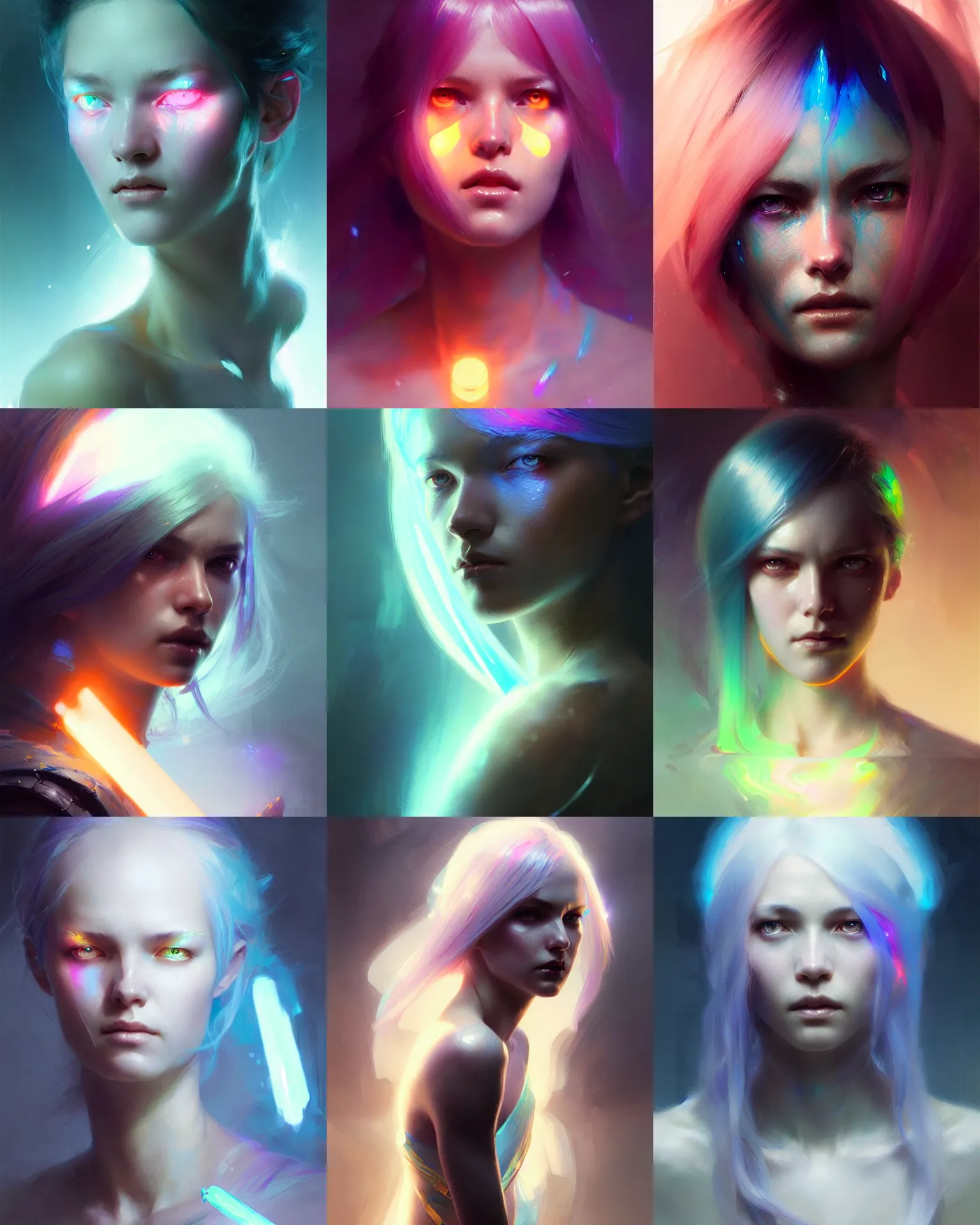 Prompt: female with glowing light iridescent hair color, intricate, sharp focus, illustration, highly detailed, digital painting, concept art, matte, art by ruan jia and wlop and greg rutkowski, masterpiece