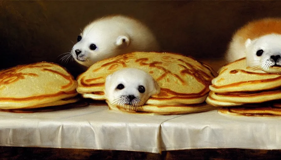 Image similar to highly detailed painting of cute furry white baby seals in a pile of jam pancakes on a table by william turner, by greg rutkowski, by william constable, thick brush strokes and visible paint layers, 4 k resolution