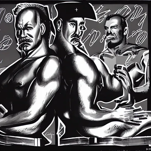 Image similar to lgbt art, tom of finland style, vladimir lenin, in billy herrington body, communism art in 4 k, high quality