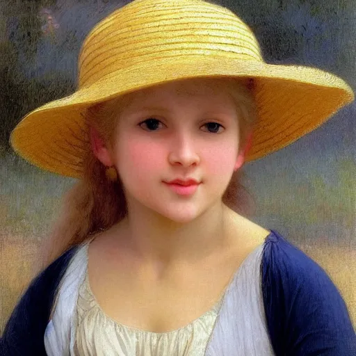 Prompt: 10 yo blond girl with straw hat and yellow shirt, bouguereau