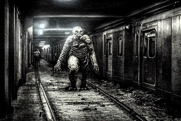 Image similar to very large giant mutant zombie irradiated an infected with cancer ( angry rat ) staying on railways in tonnel of moscow subway. extreme high detail, very realistic. low dark light, scary mood.