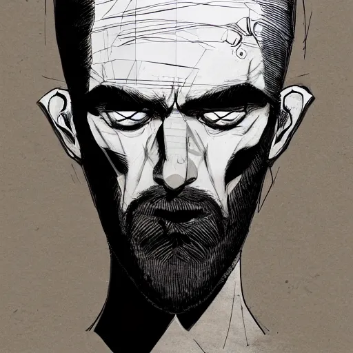 Prompt: very high angle view, very attractive man with beard, highly detailed full body, strong masculine features, 3/4 front view, slim, command presence, royalty, weathered face, smooth, sharp focus, organic, appealing, book cover, deep shadows, by Dave McKean sketch lineart for character design