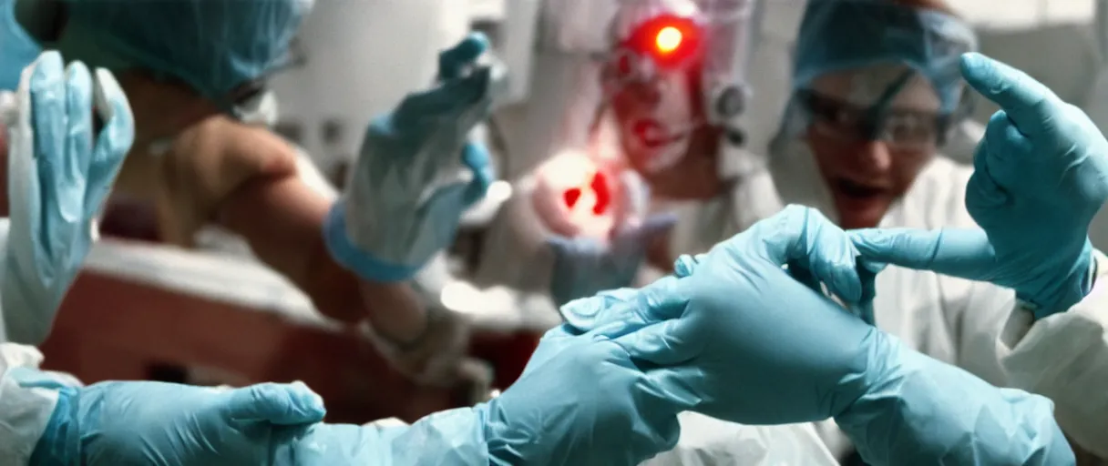 Prompt: filmic dutch angle extreme closeup movie still 4 k uhd 3 5 mm film color photograph of hands wearing surgical gloves being bitten by a dangerous re - animated alien specimen in a lab